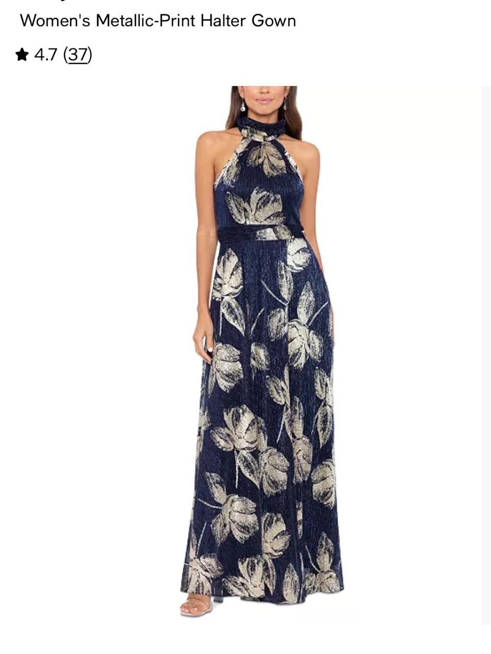Betsy & Adam Navy Gown with Metallic Gold Floral Print